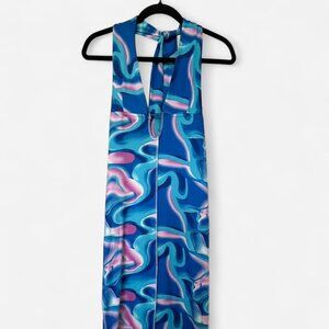 Women’s Abstract Blue Pink Sheath Dress | V-Neck Sleeveless
